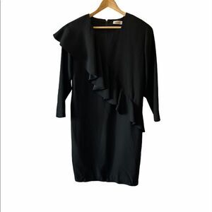 VINTAGE Black Ruffle Long Sleeve Square Neck Dress